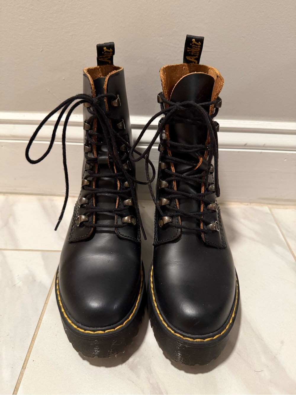 Dr. Martens Black Leather Combat Platform Boots (Leona)
